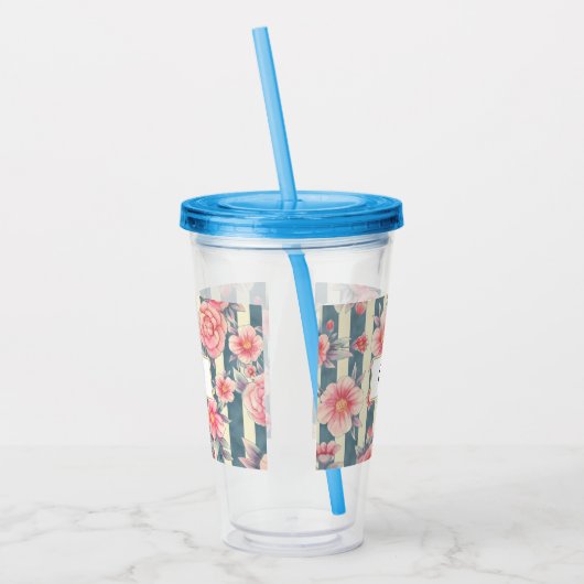 Roze Waterverf bloemen op strepen Acryl Drinkbeker (Links)