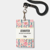 Roze Waterverf bloemen op strepen Badge (Achterkant met lanyard)