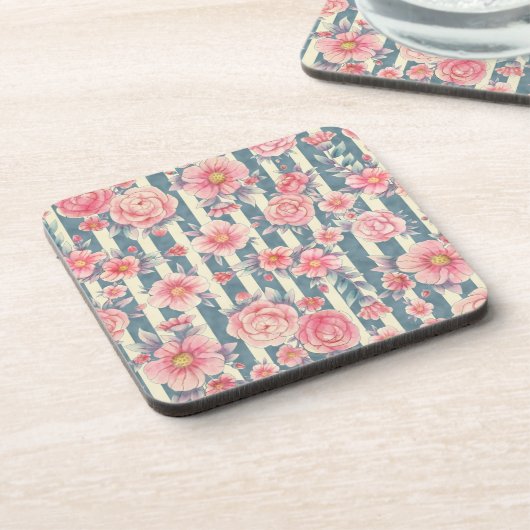 Roze Waterverf bloemen op strepen Bier Onderzetter (Linkerzijde)