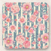 Roze Waterverf bloemen op strepen Bier Onderzetter (Voorkant)
