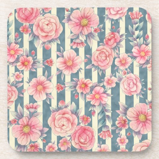 Roze Waterverf bloemen op strepen Bier Onderzetter (Voorkant)