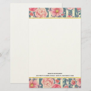 Roze Waterverf bloemen op strepen Briefpapier