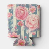 Roze waterverf bloemen op strepen bruidsdouche blikjeskoeler (Achterkant)