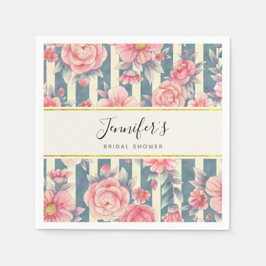 Roze waterverf bloemen op strepen bruidsdouche servet (Voorkant)