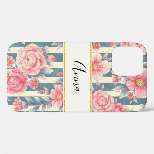 Roze Waterverf bloemen op strepen Case-Mate iPhone Case (Achterkant (horizontaal))
