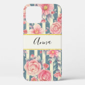 Roze Waterverf bloemen op strepen Case-Mate iPhone Case (Achterkant)