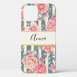 Roze Waterverf bloemen op strepen Case-Mate iPhone Case
