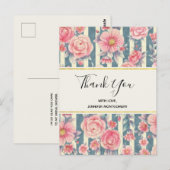 Roze Waterverf bloemen op strepen Dank u Briefkaart (Voorkant / Achterkant)