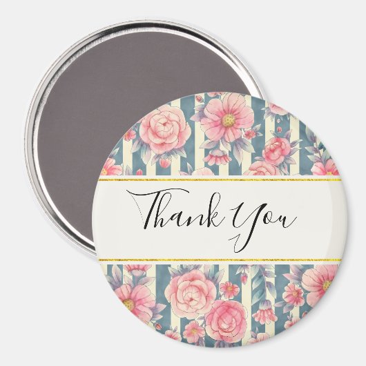 Roze Waterverf bloemen op strepen Dank u Magneet (Voorkant / Achterkant)