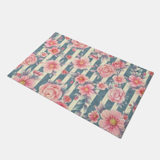 Roze Waterverf bloemen op strepen Deurmat (Schuin)