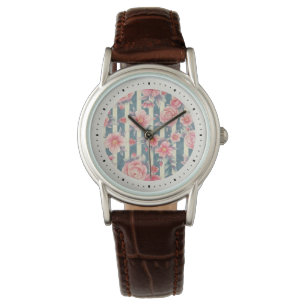 Roze Waterverf bloemen op strepen Horloge