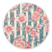 Roze Waterverf bloemen op strepen Keramische Knop (Voorkant)