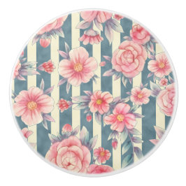 Roze Waterverf bloemen op strepen Keramische Knop