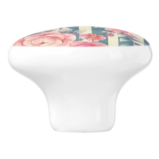 Roze Waterverf bloemen op strepen Keramische Knop (Zijkant)