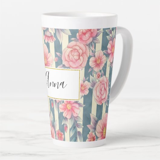 Roze Waterverf bloemen op strepen Latte Mok (Rechterhoek)