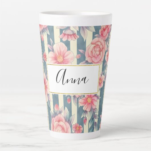 Roze Waterverf bloemen op strepen Latte Mok (Voorkant)
