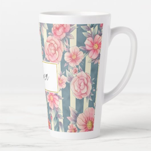 Roze Waterverf bloemen op strepen Latte Mok (Rechts)