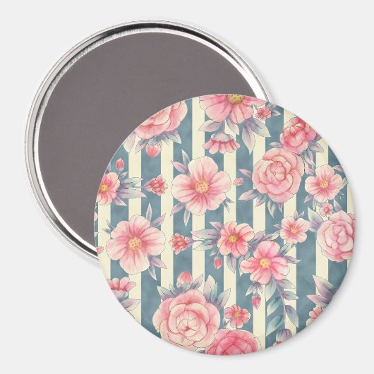 Roze Waterverf bloemen op strepen Magneet (Voorkant / Achterkant)