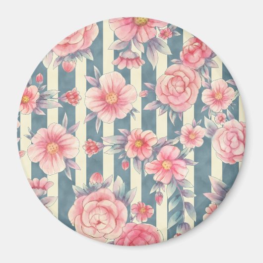 Roze Waterverf bloemen op strepen Magneet (Voorkant)