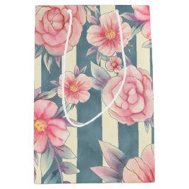 Roze Waterverf bloemen op strepen Medium Cadeauzakje