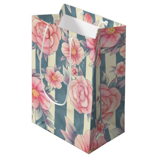 Roze Waterverf bloemen op strepen Medium Cadeauzakje (Voorkant Gekanteld)