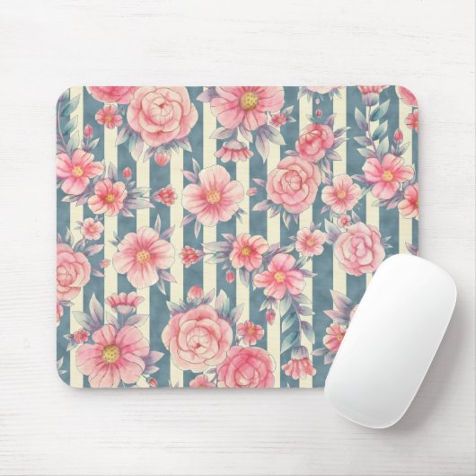 Roze Waterverf bloemen op strepen Muismat (Met muis)