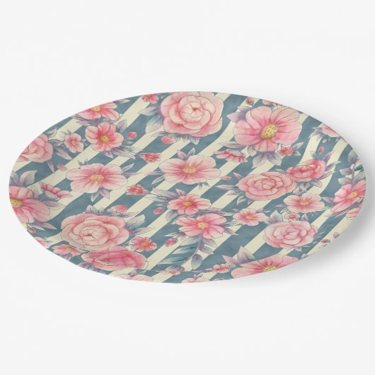 Roze Waterverf bloemen op strepen Papieren Bordje (Gekanteld)
