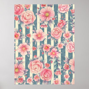 Roze Waterverf bloemen op strepen Poster