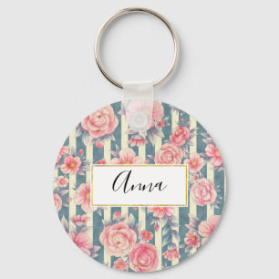 Roze Waterverf bloemen op strepen Sleutelhanger