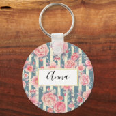 Roze Waterverf bloemen op strepen Sleutelhanger (Voorkant)