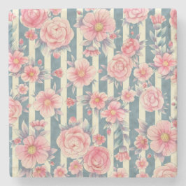 Roze Waterverf bloemen op strepen Stenen Onderzetter