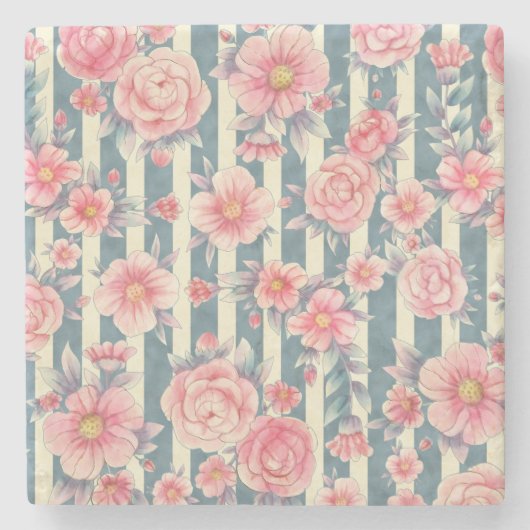 Roze Waterverf bloemen op strepen Stenen Onderzetter (Voorkant)