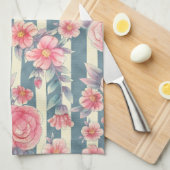 Roze Waterverf bloemen op strepen Theedoek (Quarter Fold)