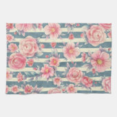 Roze Waterverf bloemen op strepen Theedoek (Horizontaal)