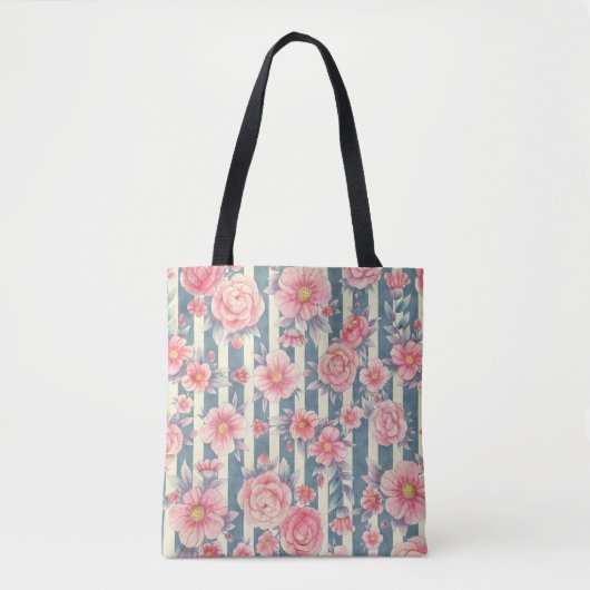 Roze Waterverf bloemen op strepen Tote Bag (Voorkant)