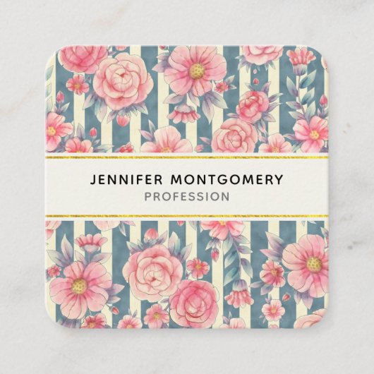 Roze Waterverf bloemen op strepen Vierkante Visitekaartje (Voorkant)