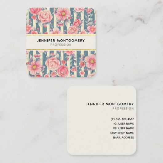 Roze Waterverf bloemen op strepen Vierkante Visitekaartje (Voorkant / Achterkant)