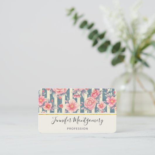 Roze Waterverf bloemen op strepen Visitekaartje (Staand voorkant)