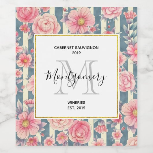 Roze Waterverf Bloemen op Strepen Wijnmaken Wijn Etiket (Enkel label)