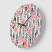 Roze Waterverf bloemen op striped Patroon Large C Grote Klok (Hoek)