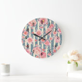 Roze Waterverf bloemen op striped Patroon Large C Grote Klok (Huis)