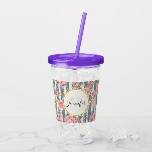 Roze Waterverf bloemen op Stripes Monogram Acryl Drinkbeker (Achterkant ijs)