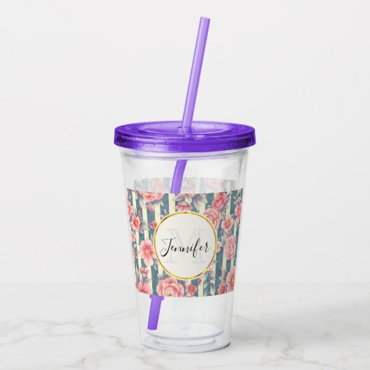 Roze Waterverf bloemen op Stripes Monogram Acryl Drinkbeker (Achterkant)