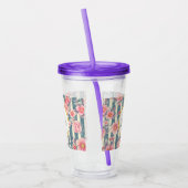 Roze Waterverf bloemen op Stripes Monogram Acryl Drinkbeker (Links)