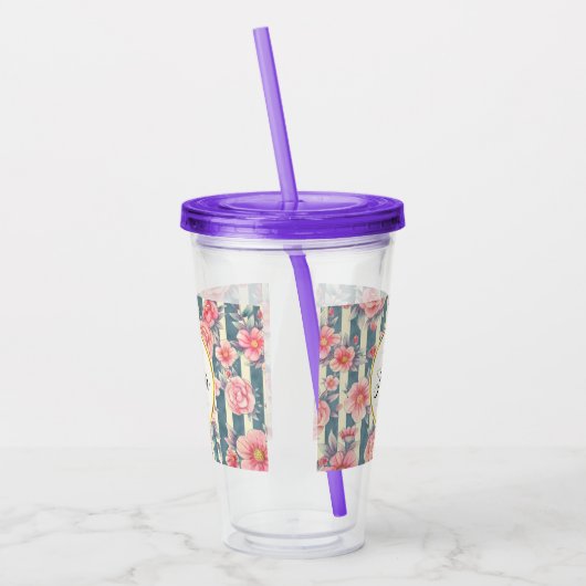 Roze Waterverf bloemen op Stripes Monogram Acryl Drinkbeker (Links)