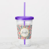 Roze Waterverf bloemen op Stripes Monogram Acryl Drinkbeker (Voorkant)