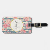 Roze Waterverf bloemen op Stripes Monogram Bagagelabel (Voorkant horizontaal)