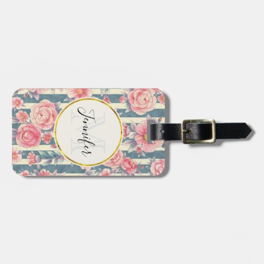 Roze Waterverf bloemen op Stripes Monogram Bagagelabel (Voorkant horizontaal)