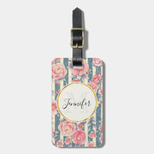 Roze Waterverf bloemen op Stripes Monogram Bagagelabel