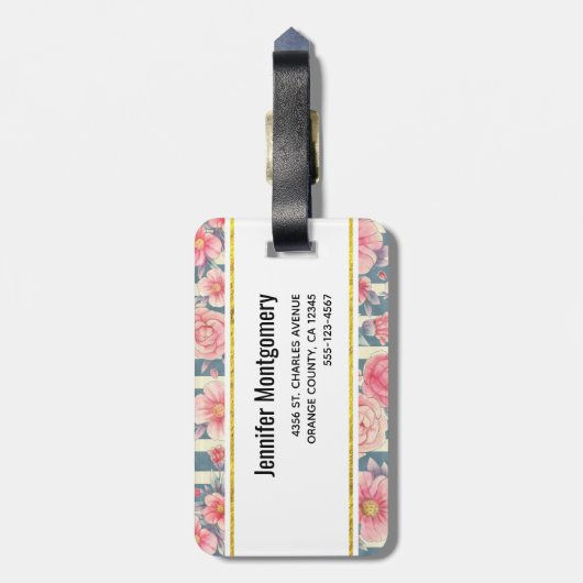 Roze Waterverf bloemen op Stripes Monogram Bagagelabel (Achterkant verticaal)